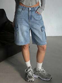 DAZY Shorts vaqueros de estilo casual y suelto con efecto desgastado al estilo vaquero para mujer, shorts de mezclilla de estilo Y2K para primavera/verano - Azul - Ver 4