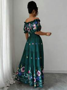 Modelyn 女士露肩花瓣袖印花收腰A字浪漫优雅休闲夏季连衣裙 - 綠色 - 查看 2