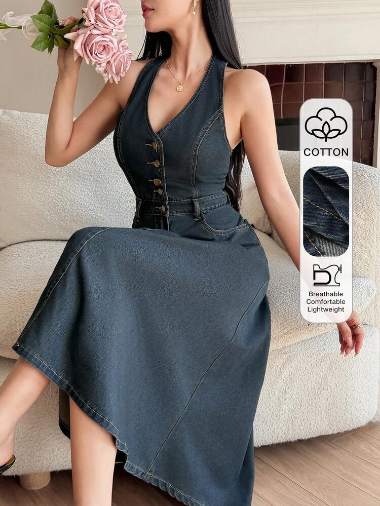 Women's Casual Sleeveless Denim Dress With Pockets, Summer