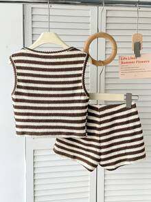 SHEIN Tween-Mädchen Lässig Basic strukturierter Strick Ärmelloses Top und Shorts Set, Weiches Strickkleid, Spitzenkleid, Punkte Kleid, Schleife Kleid, Sommerkleid, Sommer Outfit, Strandkleid, Abschlusskleid - Braun - Übersicht 2