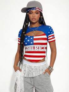 Gowayae American Flag Print 2 In 1 Top, Sexy Hollow Asymmetrical Hem Short Sleeve T-Shirt - Multicolor - View 3