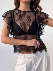 Rafferiza 女士蕾丝性感俏皮荷叶袖圆领短款上衣，适合通勤、外出、拍照、机场造型，女士背心，春夏皆宜，女士夏季穿搭，春假穿搭，嘉年华女装，派对上衣，女士休闲上衣，黑色上衣 - 黑色 - 查看 1