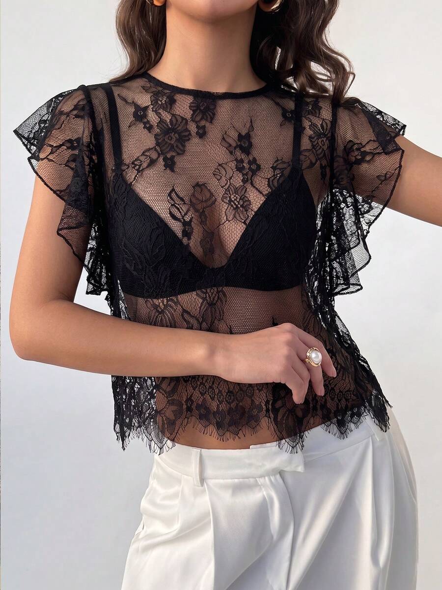 Rafferiza 女士蕾丝性感俏皮荷叶袖圆领短款上衣，适合通勤、外出、拍照、机场造型，女士背心，春夏皆宜，女士夏季穿搭，春假穿搭，嘉年华女装，派对上衣，女士休闲上衣，黑色上衣 - 黑色 - 查看 1