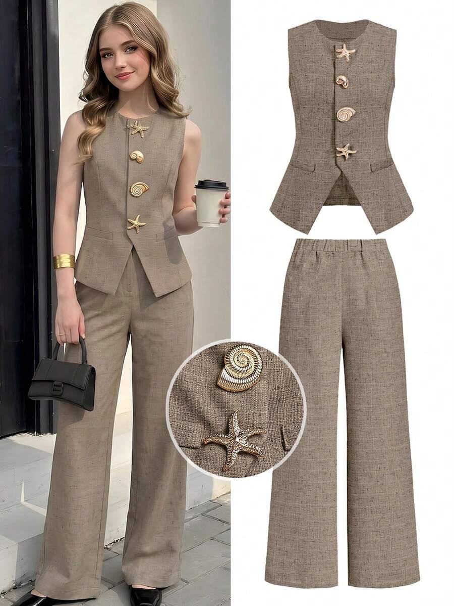 SHEIN Teen Girl Casual Sleeveless Shirt Set With Metal Buckle Decor - Coffee Brown - View 1