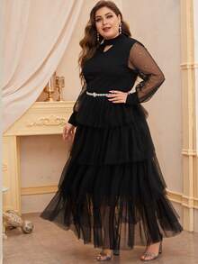Modelyn Plus Keyhole Neck Pearls Beaded Layered Mesh Hem Dress Without Belt - Black - View 7