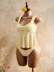 Bellisia Women's Summer Vacation Casual Sexy Beach Golf Wear White Solid Color 2-Piece Bikini Swimwear Set, Textured Fabric Wide Strap - Yellow - View 8