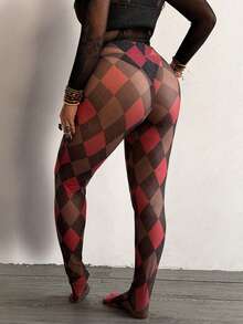SHEIN PETITE CURVE 朋克性感网眼菱形格纹修身女式打底裤，黑红配色 - 黑色 - 查看 2