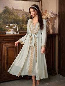 PalaceNights Solid Color Patchwork Floral Trim Long Sleeve Long Robe + Sleeveless V-Neck Cardigan Women Pajama Set - Mint Green - View 7