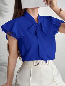 Modelyn Blus Wanita Warna Polos dengan Kerah Ikat dan Lengan Berumbai, Elegan dan Modis, Warna Biru - Biru - View 6
