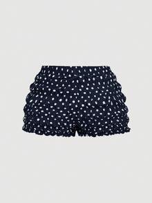 SHEIN MOD 大码女式百搭波点夏季休闲黑白波点蝴蝶结泡泡短裤，秋冬新年造型，西部风，可爱短裤，黑色荷叶边短裤，波点短裤 - 藏蓝色 - 查看 5