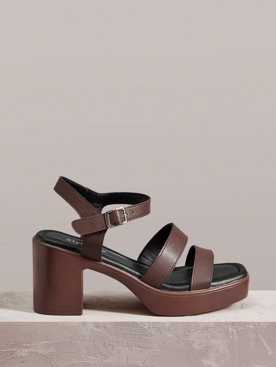 Styleloop Giày sandal cao gót nữ, mũi vuông, đế PU, chất liệu vải PU, thời trang, đơn giản, thoáng khí và thoải mái, quai cài khóa, thích hợp cho các buổi tiệc và liên hoan hàng ngày, sandal gót thấp, mang đến không khí nghỉ dưỡng, trang phục mùa hè, vật dụng không thể thiếu khi đi du lịch. - màu nâu - Xem 1