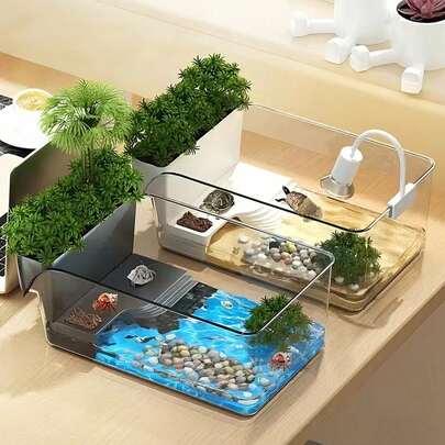 Desktop Terrarium, Tabletop Aquarium, Crab Tank, Floor-Standing High Transparency Aquarium, Dry-Wet Separation, Simulating Natural Habitat, Amphibious, With Sunlight Platform And Feeding Area, Suitable For Reptiles, Easy To Clean, Turtle Aquarium, Reptile Breeding Box, Pet Lovers