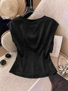 SHEIN Franclia Women's Elegant French Style Black Shirt,Half Sleeve Square Collar,Ruched Waist High-End Satin Fabric,Summer Office Casual Outfit,White - Black - View 2