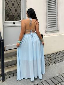 Sunnyshic Plus Size 2-Piece Set: Contrast Lace Ruffle Hem Halter Top And Mini Skirt, Casual Holiday Wear, Spring/Summer Gym Brown - Blue - View 2