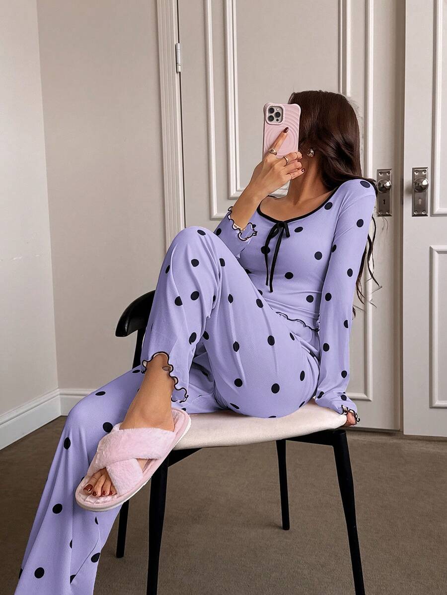 Napfluff Bộ đồ ngủ nữ dài tay và quần in họa tiết chấm bi, kiểu dáng thường ngày. - Màu tím - Xem 1