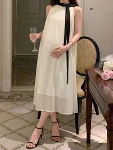 DAZY Contrast Color Patchwork Tie Sash Collar Loose Chiffon Dress, Sleeveless, Elegant Maternity Dress For Spring & Summer Sun Dresses For Women - White - View 10