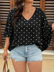 SHEIN VCAY Áo sơ mi cổ chữ V chấm bi cỡ lớn, thích hợp cho mùa hè. - trắng - Xem 1