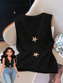 SHEIN Clasi 大码女式休闲百搭星形纽扣针织毛衣 - 黑色 - 查看 1