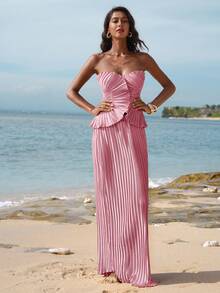 Opulessa 女士纯色编织抹胸上衣和高腰鱼尾裙两件套 - 淺粉色 - 查看 4