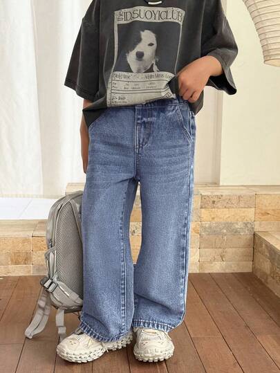 SHEIN Quần jean denim ống rộng dáng suông màu xanh dương, bạc màu, hợp thời trang cho bé trai, thích hợp mặc hàng ngày vào mùa xuân/hè.