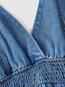 Sweetra Đầm denim mùa hè màu trơn dành cho nữ, dây mảnh, viền bèo nhún, thắt eo. - Màu xanh lam - Xem 3