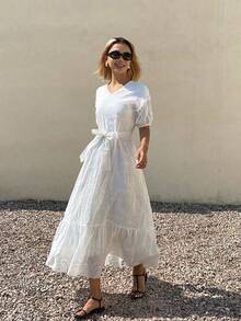 DAZY Robe blanche mi-longue décontractée et ample, style vacances. Robes d'été et de printemps pour femmes - Pearl White - Voir 4