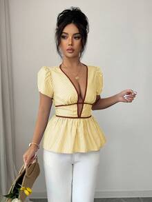 SHEIN Elenzya 优雅夏季度假蓝色条纹深V领性感镂空女式衬衫 - 黃色 - 查看 3