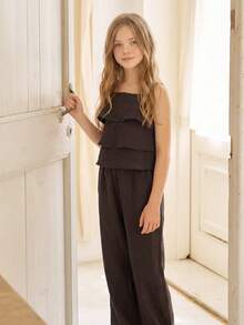 DAZY Tween Girl Casual Ruffle Trim Cropped Cami Top And Wide Leg Pants Set - Brown - View 2