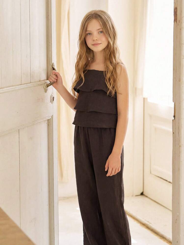 Tween Girl Casual Ruffle Trim Cropped Cami Top And Wide Leg Pants Set Vacation