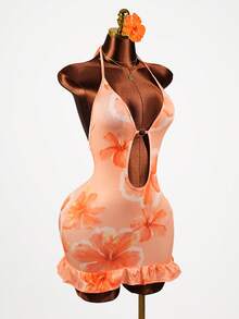 Lyxana Vestido mini casual de vacaciones con estampado floral, cuello halter, lazo y volante en el bajo - Naranja - Ver 3
