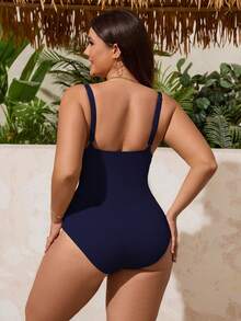 Swim Vcay Plus Size One-Piece Swimsuit, Coffee Color, Floral Trim, Drawstring Waist, Ruched, Slimming, Casual Resort Style, Suitable For Pool Party - Navy Blue - View 2