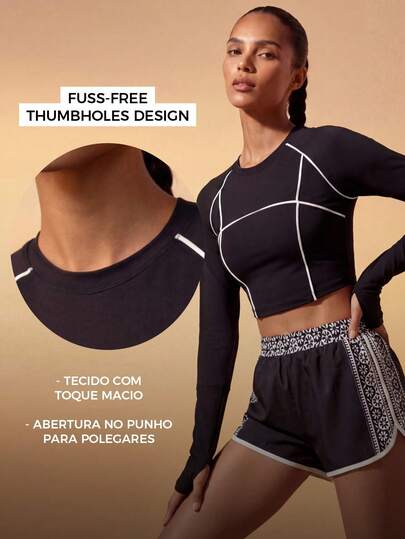 CAJUNI Camiseta Casual Feminina de Manga Longa com Recortes Coloridos, Versátil para Uso Diário e Esportes