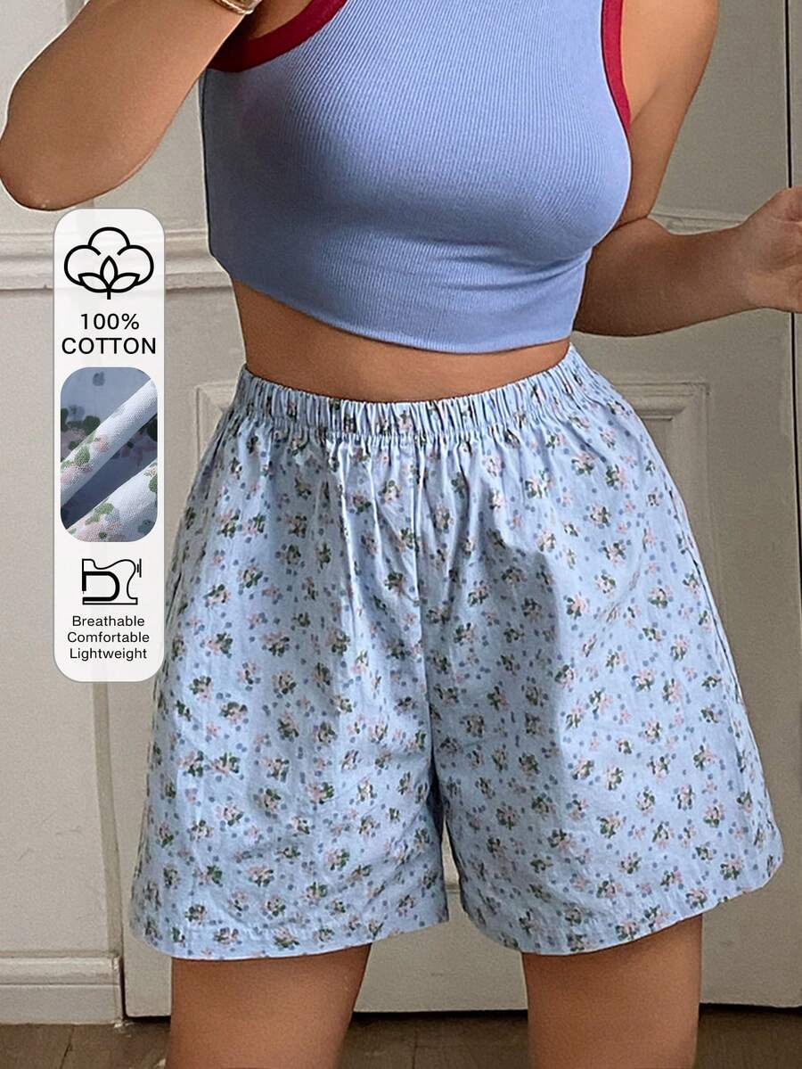 DAZY Women Elastic Waist All-Over Print Casual Lounge Shorts - Blue - View 1