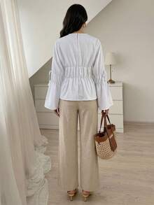 Elenzga Áo sơ mi nữ tay dài cổ tròn xếp ly - trắng - Xem 2
