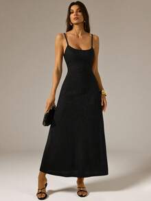SHEIN Tall Black Minimalist Versatile Romantic Women's Dress, Waist-Cinching Slimming, Suitable For Dates, Vacations In Summer - Black - View 5