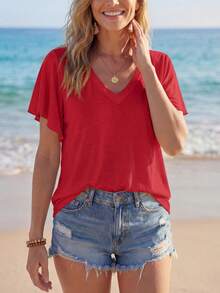 Sylviya Women Summer Solid Color V-Neck Ruffle Short Sleeve Casual T-Shirt - Rose Red - View 3