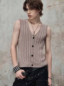 ROMWE MEN Street Life Áo tank top dệt kim gân sọc thường ngày dành cho nam - Màu be - Xem 1
