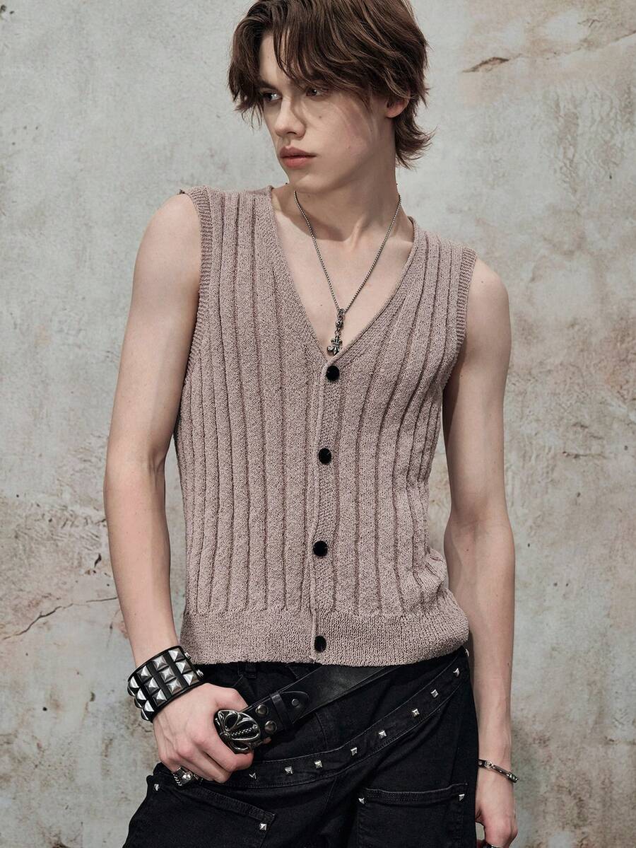 ROMWE MEN Street Life Áo tank top dệt kim gân sọc thường ngày dành cho nam - Màu be - Xem 1