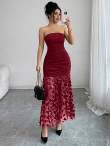 SHEIN Franclia Elegant Luxury Floral Contrast Mesh Ruffle Cinched Waist Strapless Solid Color Sexy Evening Gown For Women - Burgundy - View 5