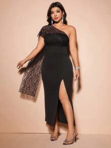 Cravure Elegant Women's Plus Size Solid Color Lace Patchwork Waist Dress Gym Brown Summer - Black - View 4