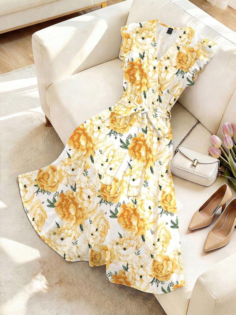 Franclia Đầm đi nghỉ mát nữ in hoa, cổ chữ V xếp lớp, tay ngắn. - Nhiều màu - Xem 1