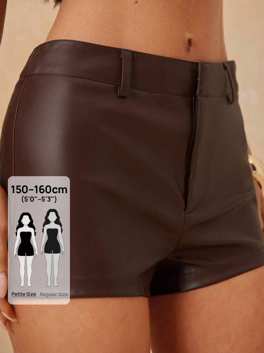 SHEIN BAE Petite 女士休闲纯色PU皮短裤，适合夏季日常通勤 - 棕色 - 查看 1
