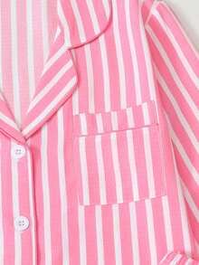 Joivida 2-Piece Long-Sleeved Sleepwear Set With Striped Prints, Lapel, And Button-Up Design For Casual Home Wear - Pink - View 7