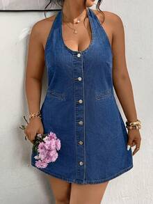 Lounesse Đầm denim cỡ lớn không tay, hở lưng, cài cúc phía trước, thích hợp cho mùa hè. - Rửa trung bình - Xem 3