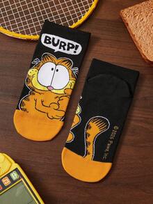 GARFIELD | SHEIN 2双装柔软透气吸湿休闲短袜，时尚可爱卡通黑白短袜，加固趾跟，经久耐穿，男女通用，四季皆宜，夏季冬季百搭，图案猫咪 - 彩色 - 查看 6