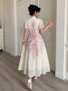 Modelyn 女士系带腰部褶皱印花喇叭连衣裙 - 粉色 - 查看 2