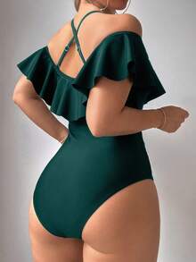 Vaytide Women's Summer Vacation Beach Solid Color Ruffle One-Piece Swimsuit - Teal Blue - View 5
