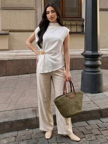 Elenzga Élégant T-shirt femme texturé à la taille asymétrique couleur abricot - Blanc - Voir 3