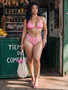 Swim Mod Plus Size Orange Ditsy Floral Bikini 2 Pieces Swimwear Set With Tie - Pink - View 3