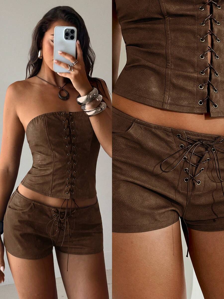Aloruh Women's Retro Low-Waist Distressed PU Mini Shorts - Brown - View 1